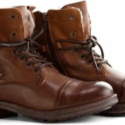NoGRZ P.Post - Dames Leren Enkellaars - Winter Veterboots - Wol Gevoerd - Cognac - Maat 42