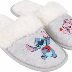 Disney Stitch En Angel - Sloffen / Huispantoffels, Dames Grijs, Wit Bont / 40-41