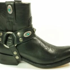 Sendra Boots 11070 Zwart Blues Dames Enkellaars Ibiza Gipsy Cowboy Western Vierkante Neus Platte Hak Rechte Schacht Afneembaar Spoor Turquoise Echt Leer Maat 39