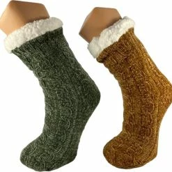Merkloos Huissokken - Dames - Anti Slip - Zachte Warme Voering - Voordeel Pack 2 Paar !! - Groen & Oker - One Size