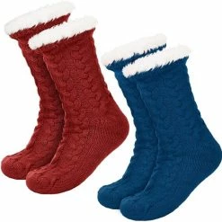 JAXY Huissokken - Huissokken Dames En Heren - Verwarmde Sokken - Anti Slip Sokken - Fleece Sokken - Dikke Sokken - Fluffy Sokken - Slofsokken - Warme Sokken - Bedsokken - Gevoerde Sokken - Winter Sokken - 2 Paar - Rood En Petrol