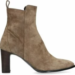 Manfield - Dames - Beige Suède Enkellaarsjes Met Hak - Maat 38