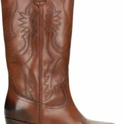 Sacha - Dames - Cognac Leren Cowboylaarzen Met Sierstiksels - Maat 39
